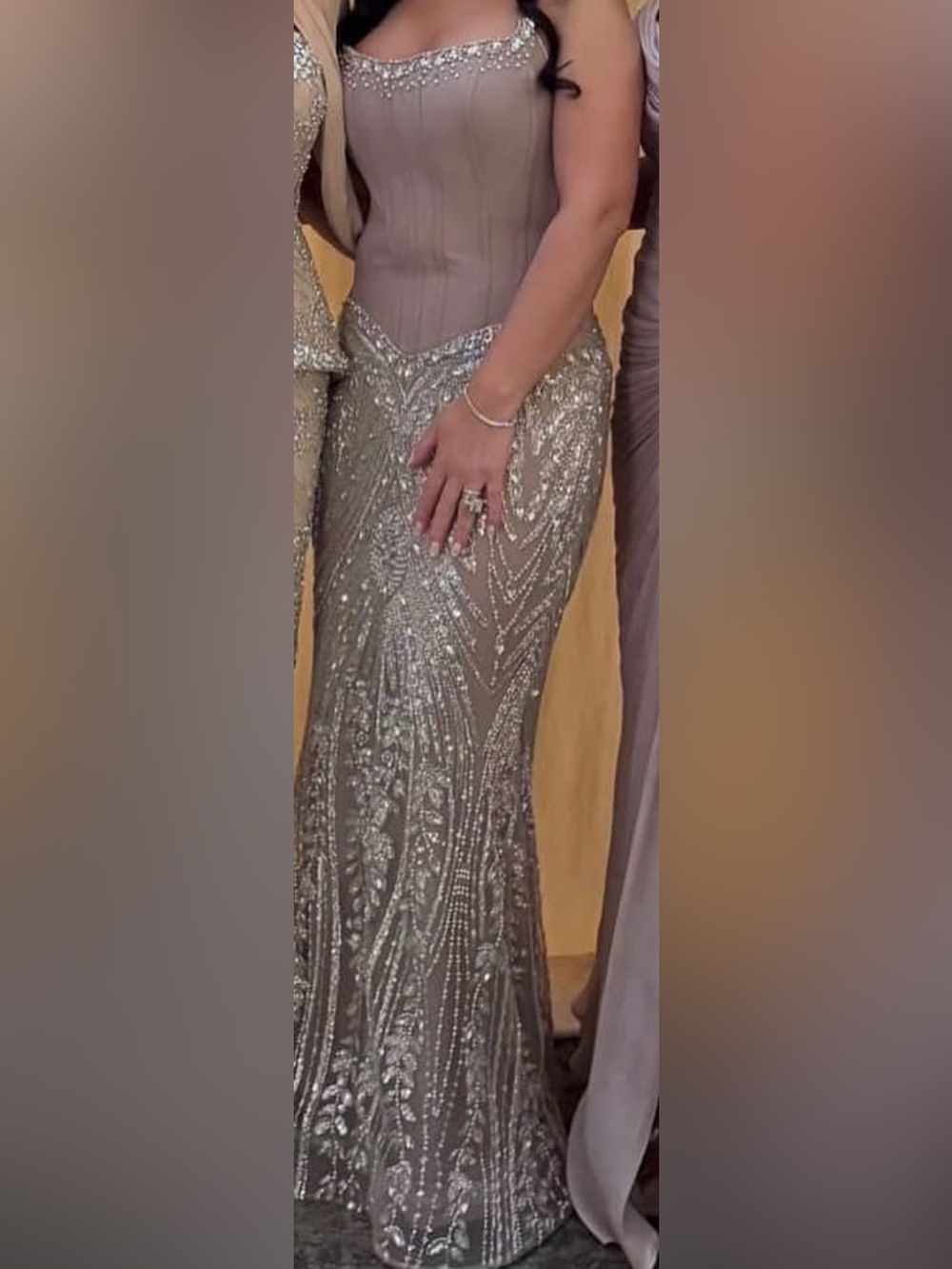 Embellished Taupe Evening Gown with Corset Bodice